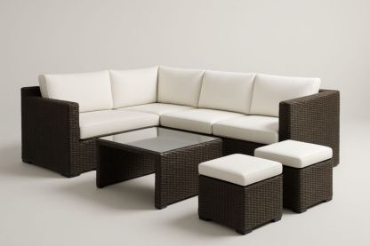 Ensemble Salon de Jardin en Rotin Brun avec Coussins Blancs et Table en Verre