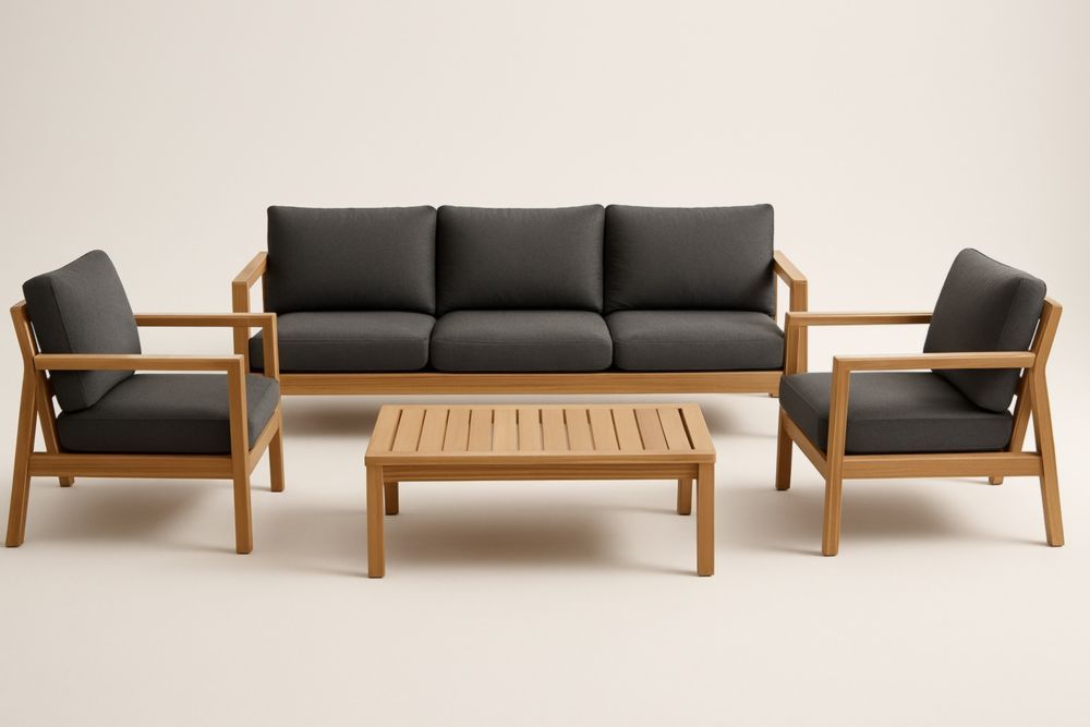 Ensemble de salon en bois d'acacia avec coussins gris
