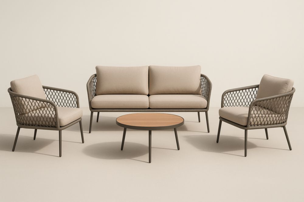 Ensemble de salon extérieur en métal et résine tressée 4 pièces Beige