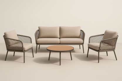 Ensemble de salon extérieur en métal et résine tressée 4 pièces Beige