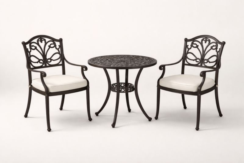 Ensemble de jardin en Aluminium brun avec coussins en tissu table ronde 69cm chaises 56x61x92cm