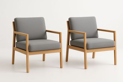 Lot de 2 fauteuils en bois et tissu gris