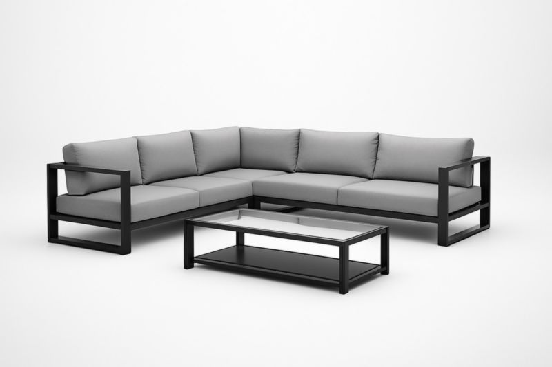 Canapé d'angle en aluminium avec table basse en verre trempé