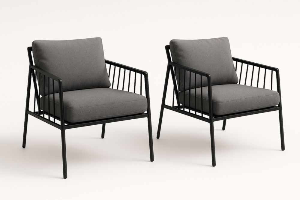 Lot de 2 fauteuils extérieurs en métal noir avec coussins en polyester gris