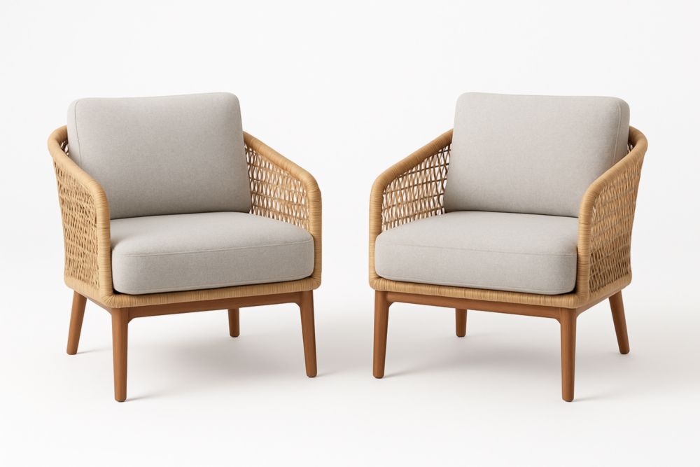 Ensemble de 2 fauteuils en rotin et tissu gris clair