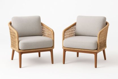 Ensemble de 2 fauteuils en rotin et tissu gris clair