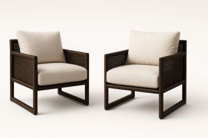 Lot de 2 fauteuils d'extérieur polyéthylène tressé marron crème
