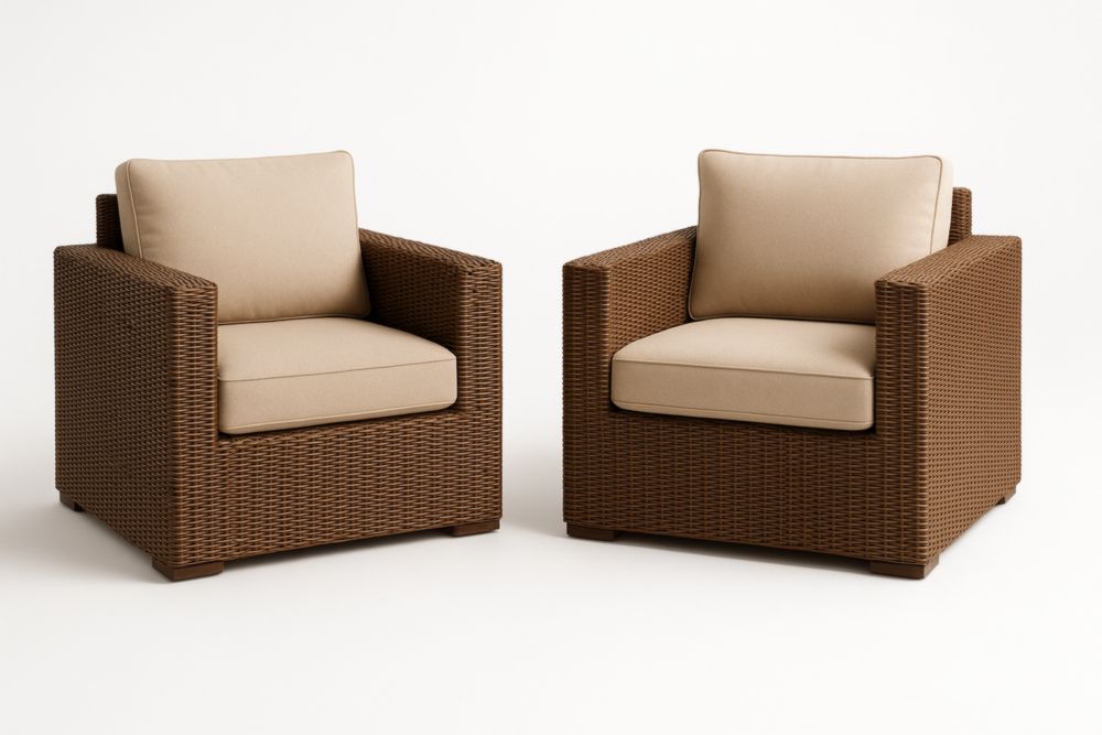 Fauteuils en osier synthétique brun avec coussins beige