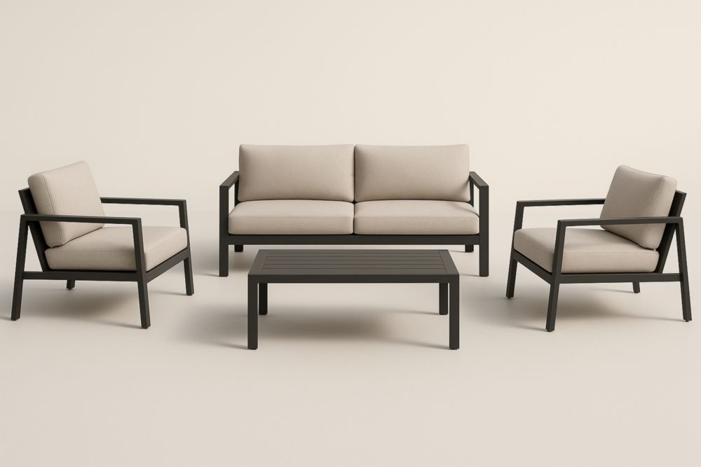 Ensemble de Jardin en Aluminium et Tissu Beige avec 1 Canapé Double, 2 Fauteuils, 1 Table Basse