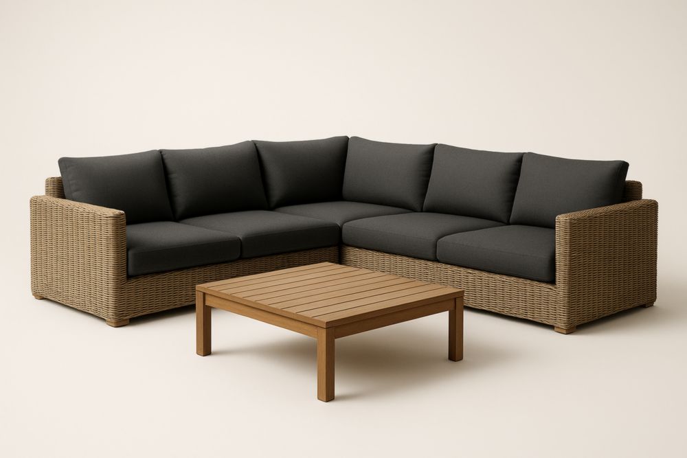 Canapé d'angle en rotin avec coussins en tissu gris foncé