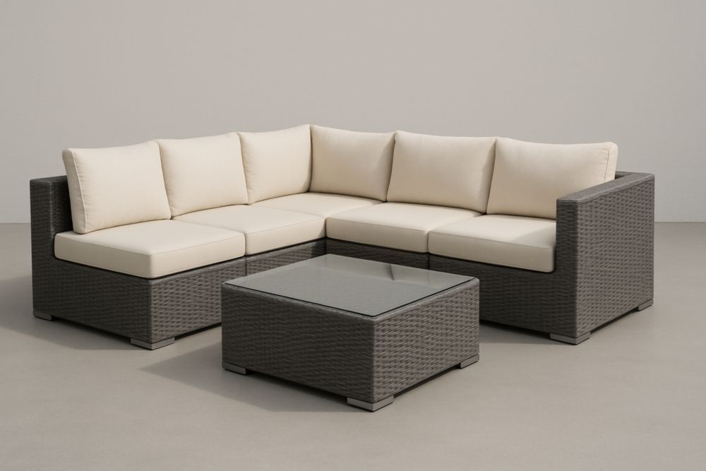 Salon de Jardin en Résine Tressée avec Coussins en Polyester Beige et Table Basse en Verre