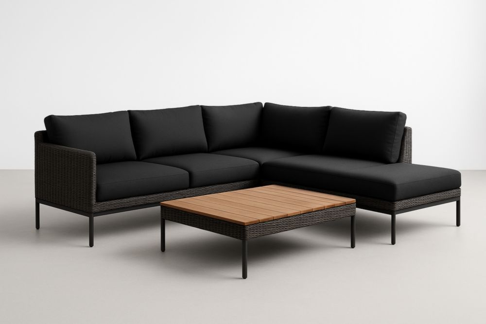 Ensemble canapé d'angle en résine tressée et table avec coussins noirs