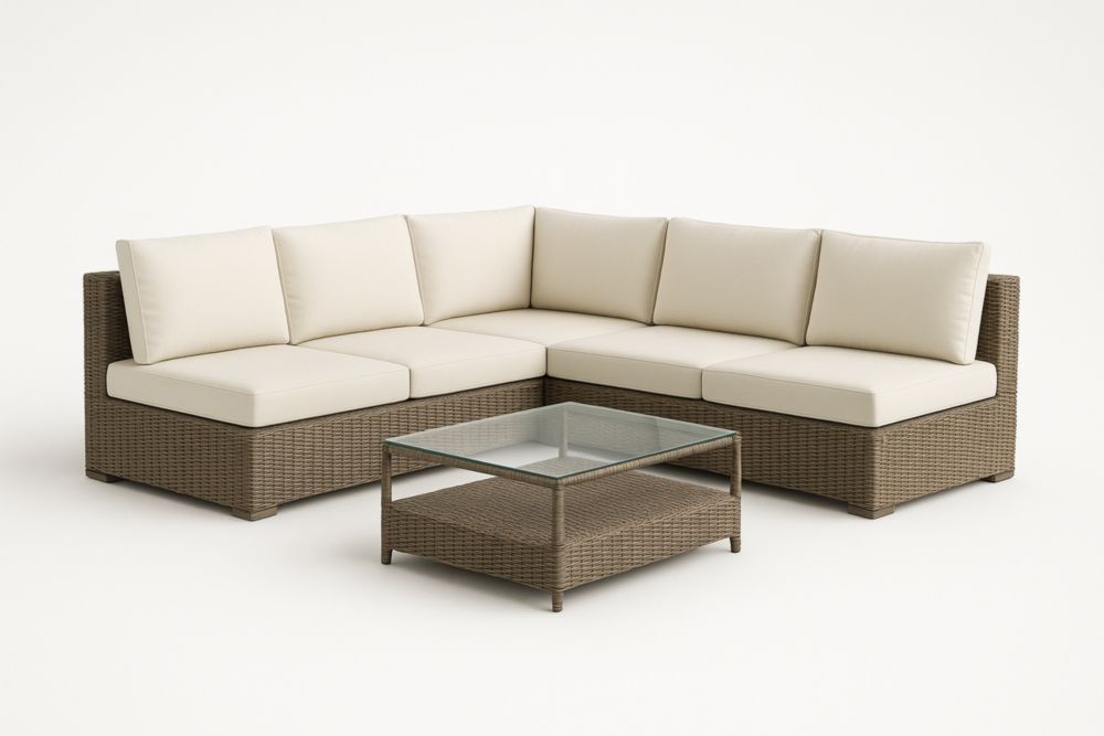 Ensemble de canapé d'angle en résine avec table basse en verre trempé et coussins beiges