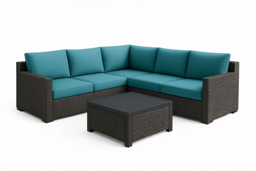 Canapé d'angle en résine tressée avec coussins bleu turquoise