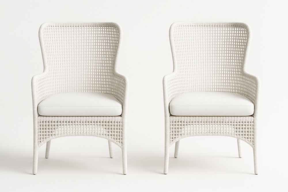 Paire de fauteuils en résine tressée blanche avec coussins en polyester