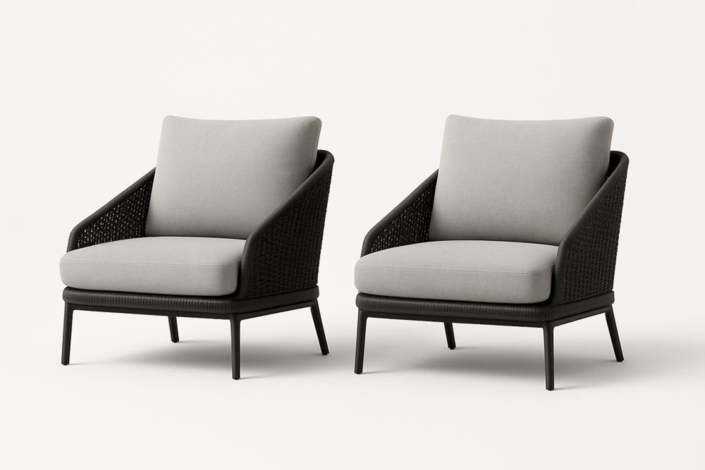 Paire de fauteuils en tissu polyester gris structure métallisée noire