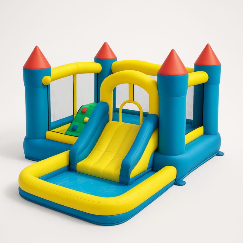 Château Gonflable Enfant avec Toboggan et Piscine en PVC Bleu/Jaune/Rouge