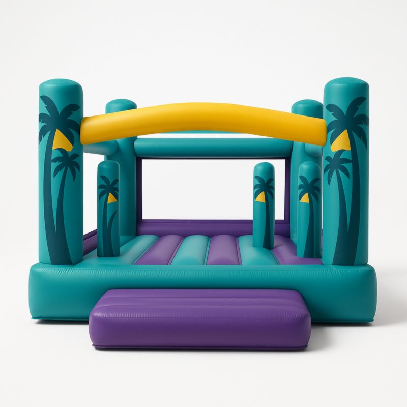 Château Gonflable Motif Palmier PVC Bleu Jaune Violet