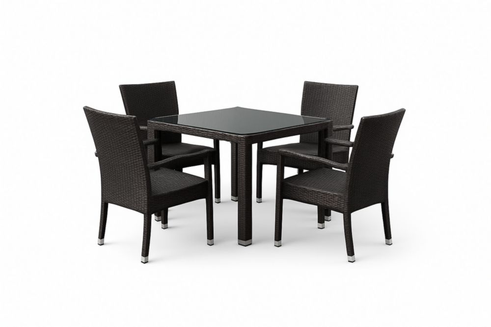 Ensemble de Salle à Manger Extérieur Résine Tressée et Verre 4 Chaises Noir