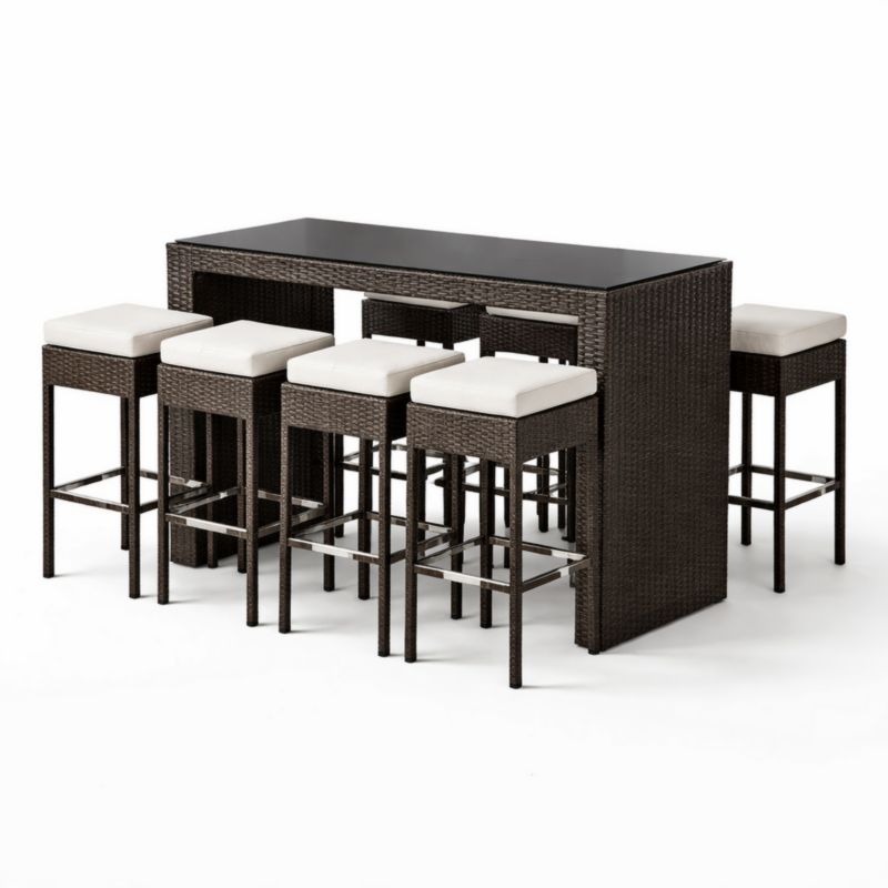 Ensemble de Table Haute en Résine Tressée avec Tabourets et Verre Trempé