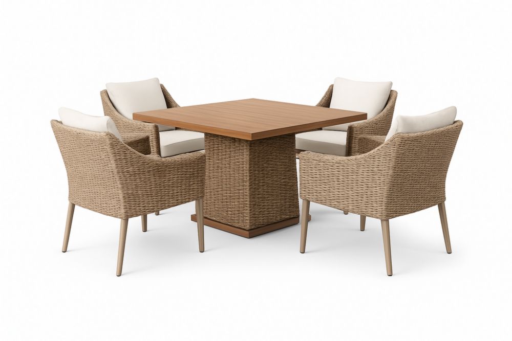 Ensemble Table Carrée en Bois et 4 Chaises en Rotin avec Coussin Beige
