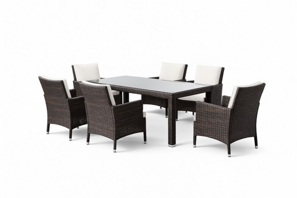 Ensemble de Salle à Manger d'Extérieur en Résine Tressée Marron avec Coussins Beige