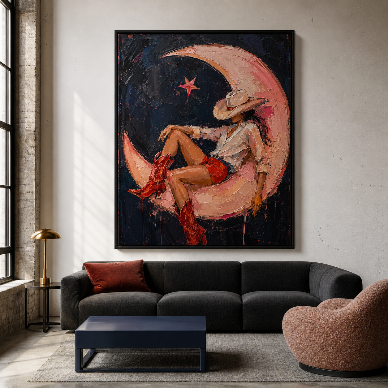 Midnight Crescent Dream - Cowgirl on Crescent Moon Textured Painting