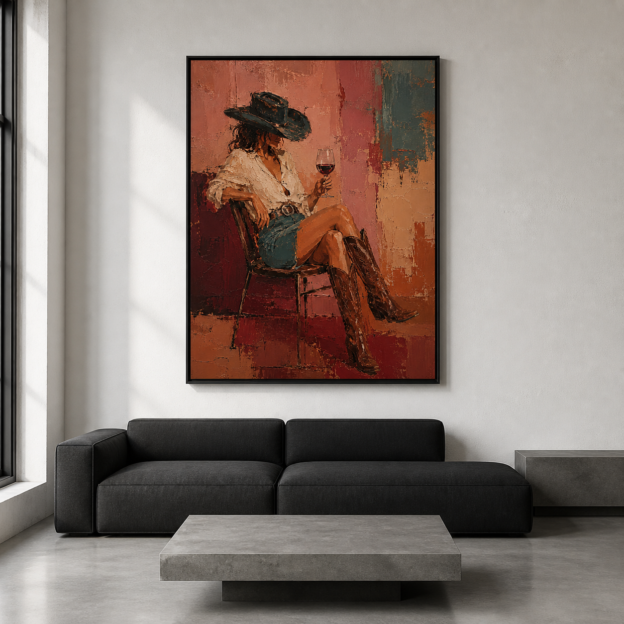 Velvet Twilight - Cowgirl Sipping Wine Textured Painting