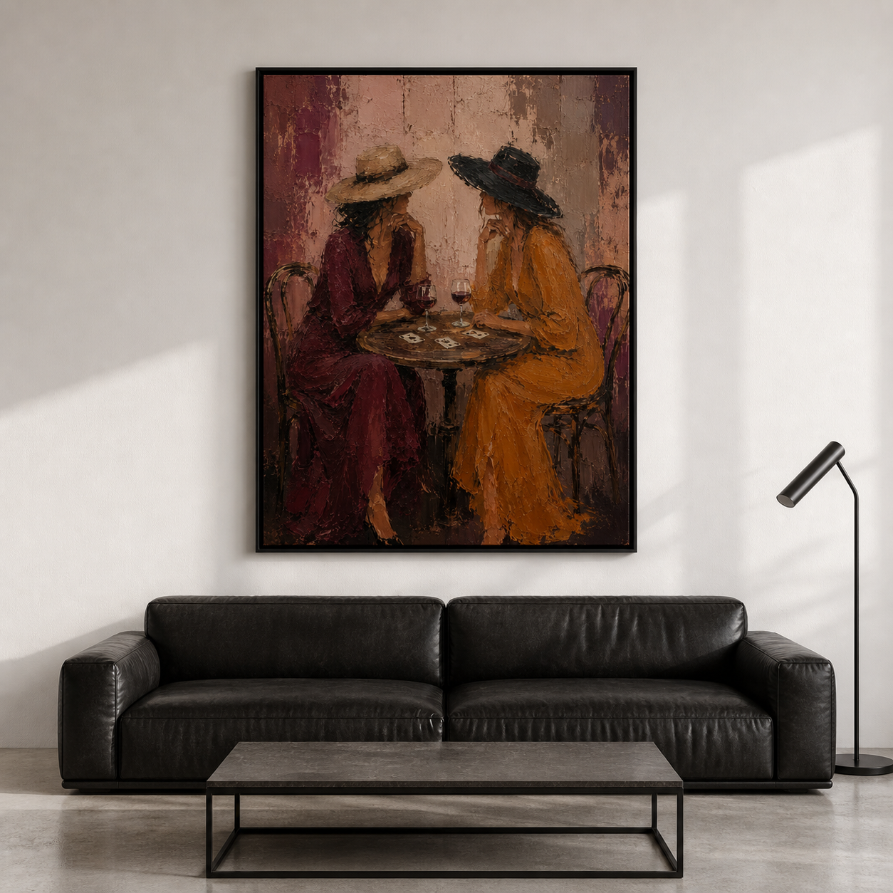 Cards & Cabernet - Two Cowgirls at Cafe Table Textured Painting