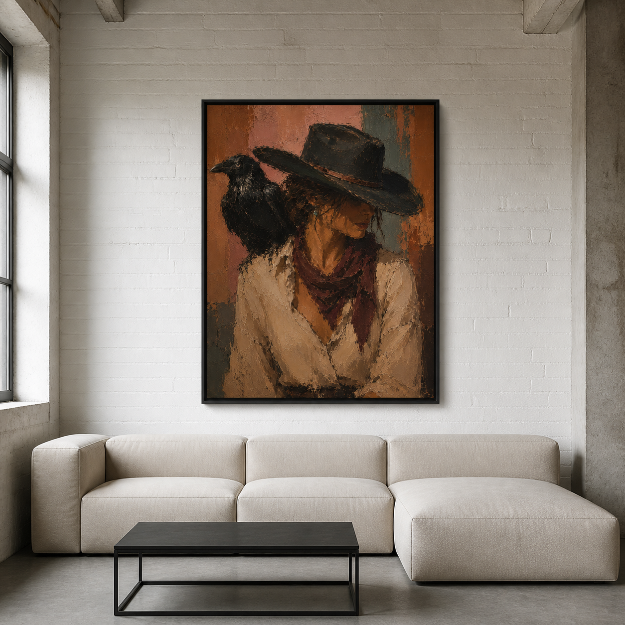 Silent Guardian - Cowgirl Close-Up with Raven Textured Painting