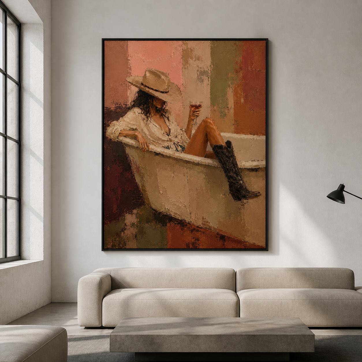 Unwind in Style - Cowgirl in Vintage Bathtub Textured Painting