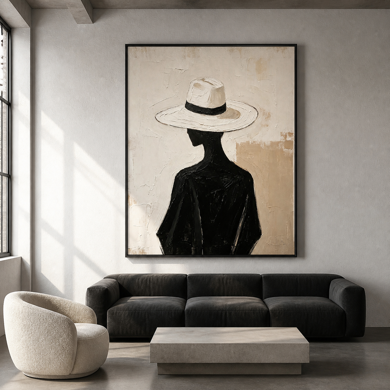 Noir Elegance - Silhouette Woman in White Hat Textured Painting