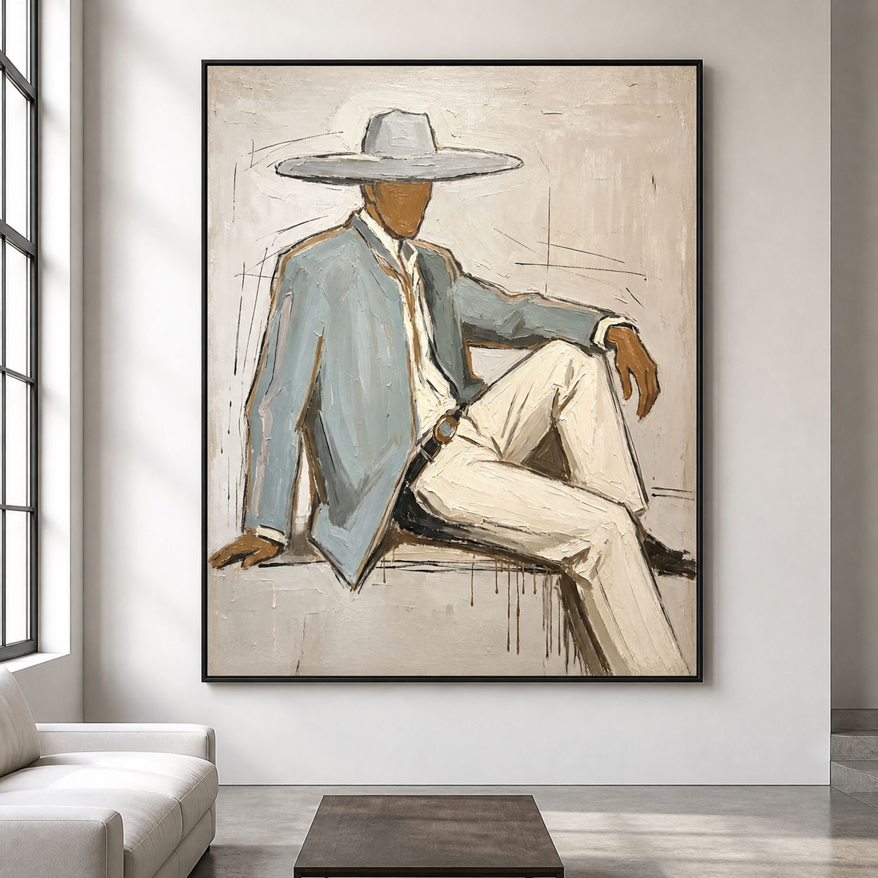 Casual Sophistication - Seated Gentleman in Wide Hat Textured Painting