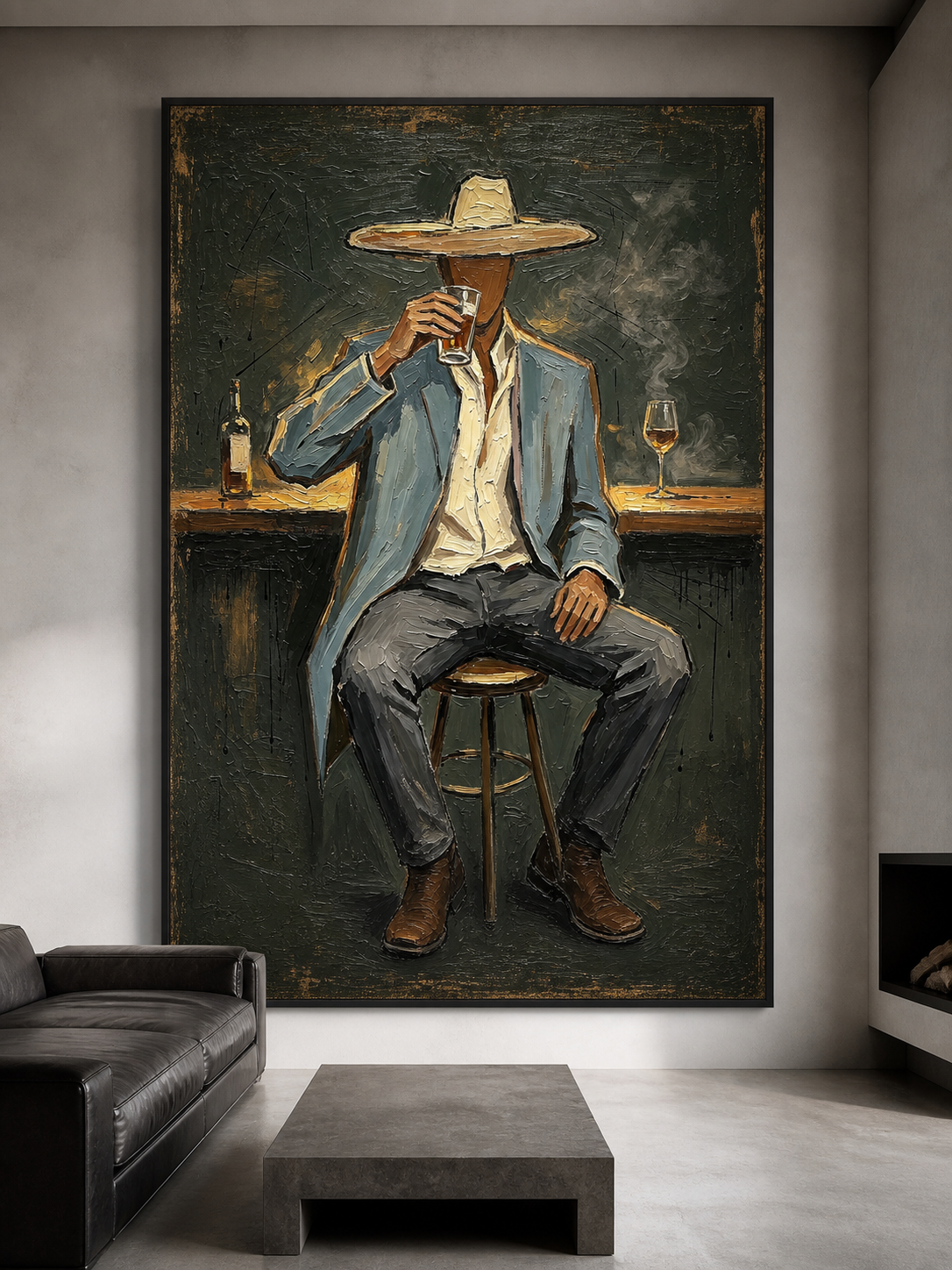 Speakeasy Solitude - Gentleman Drinking at Bar Textured Painting