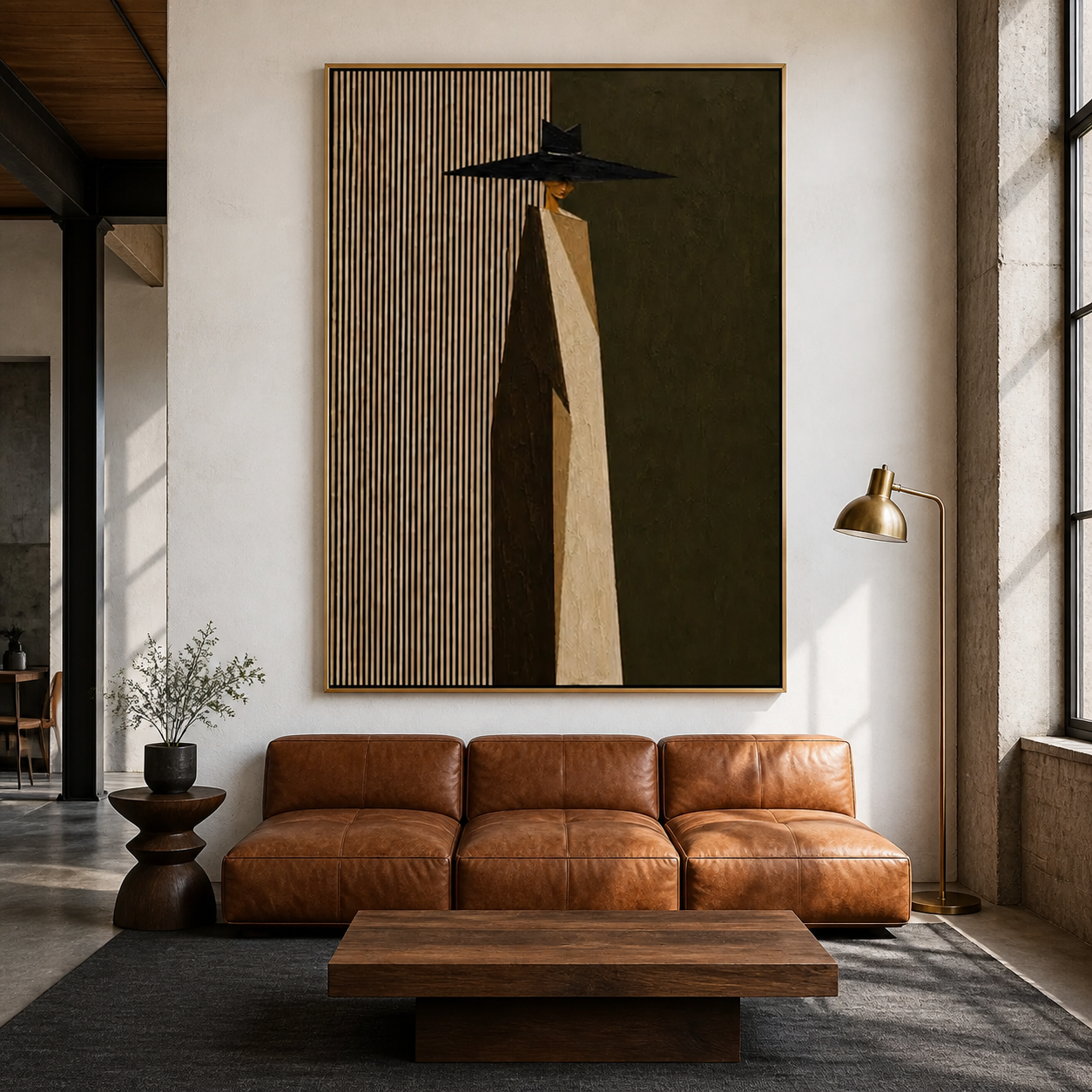 Avant-Garde Silhouette - Geometric Fluted & Black Hat Elegance Oil Painting