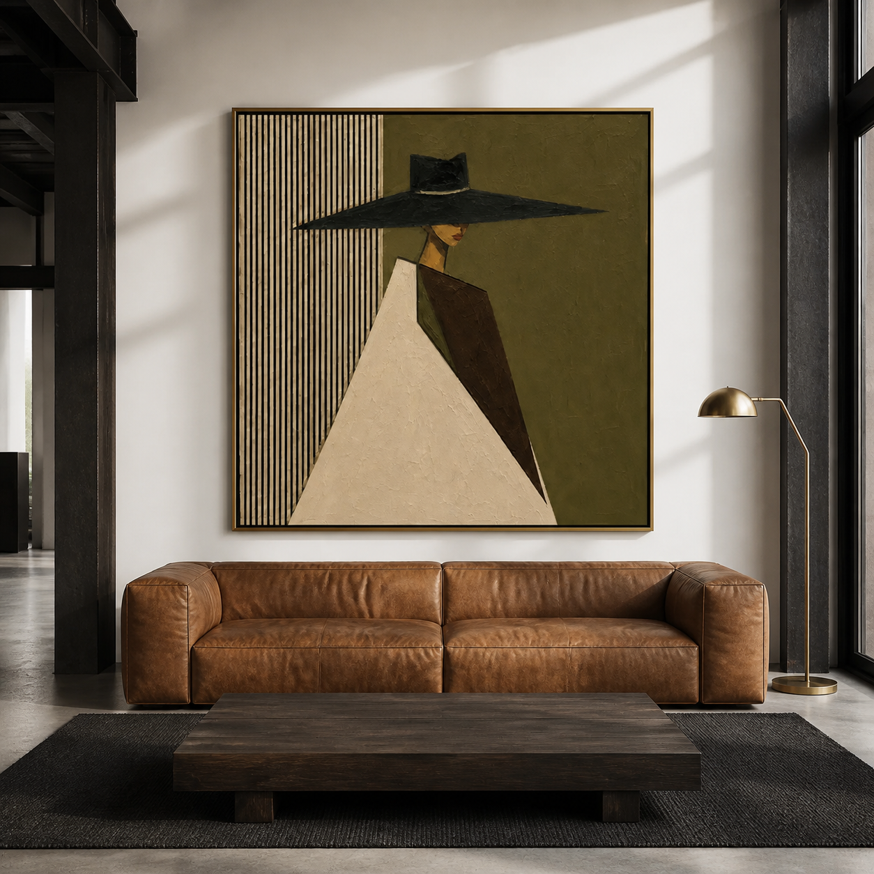 Garde Silhouette - Geometric Fluted & Black Hat Elegance Oil Painting