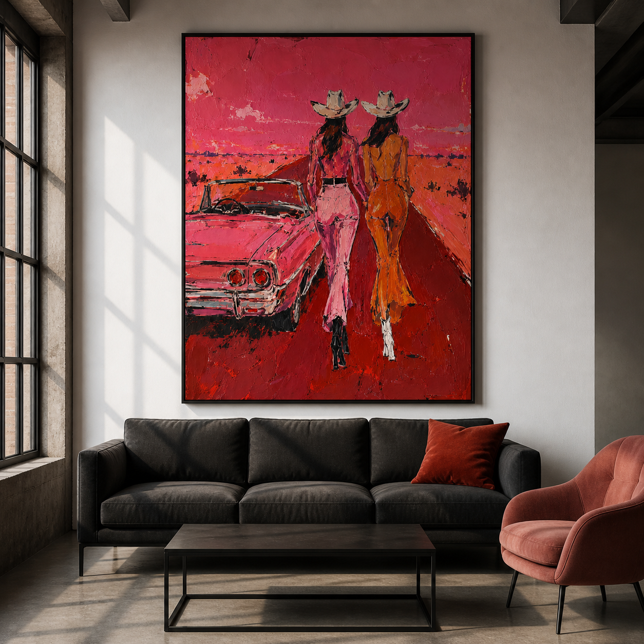 Crimson Highway Escapade - Two Cowgirls & Vintage Convertible Textured Painting