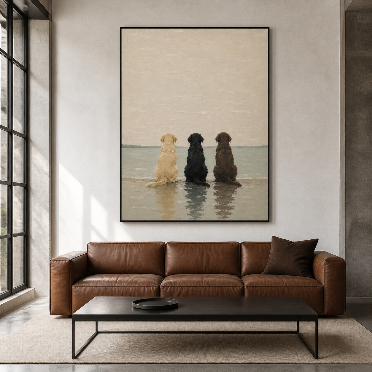 Three Faithful Friends - Trio Dogs Sitting by the Sea Impasto Canvas