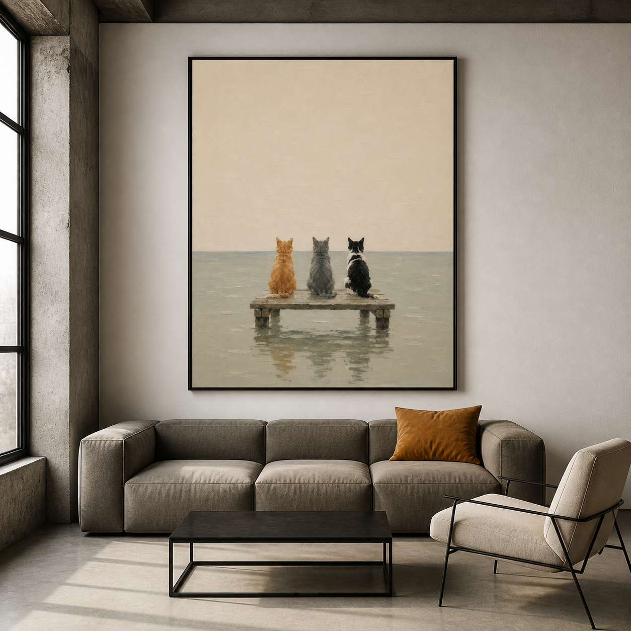 Coastal Watchers - Three Cats on Wooden Pier Canvas