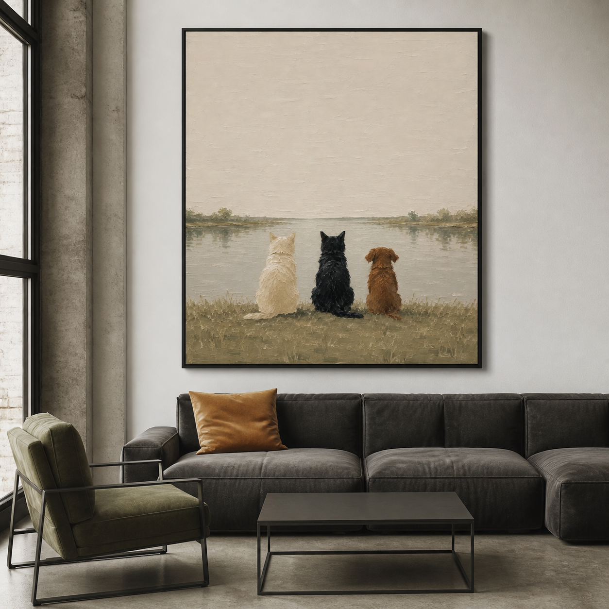 Lakeside Serenity - Trio Pet Backs on Grassy Shore Canvas