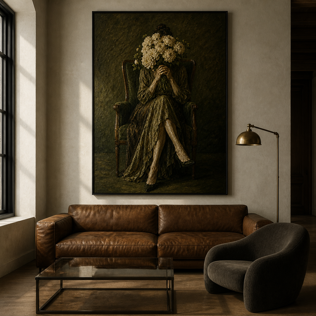 Velvet Reverie - Dark Olive Moody Floral Portrait Canvas Wall Art