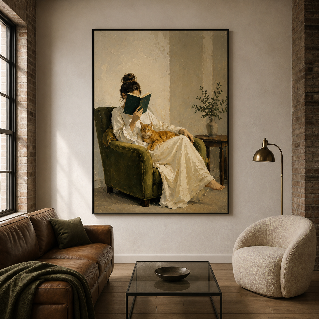 Quiet Afternoon - Woman Reading with Orange Cat Impasto Canvas Wall Art