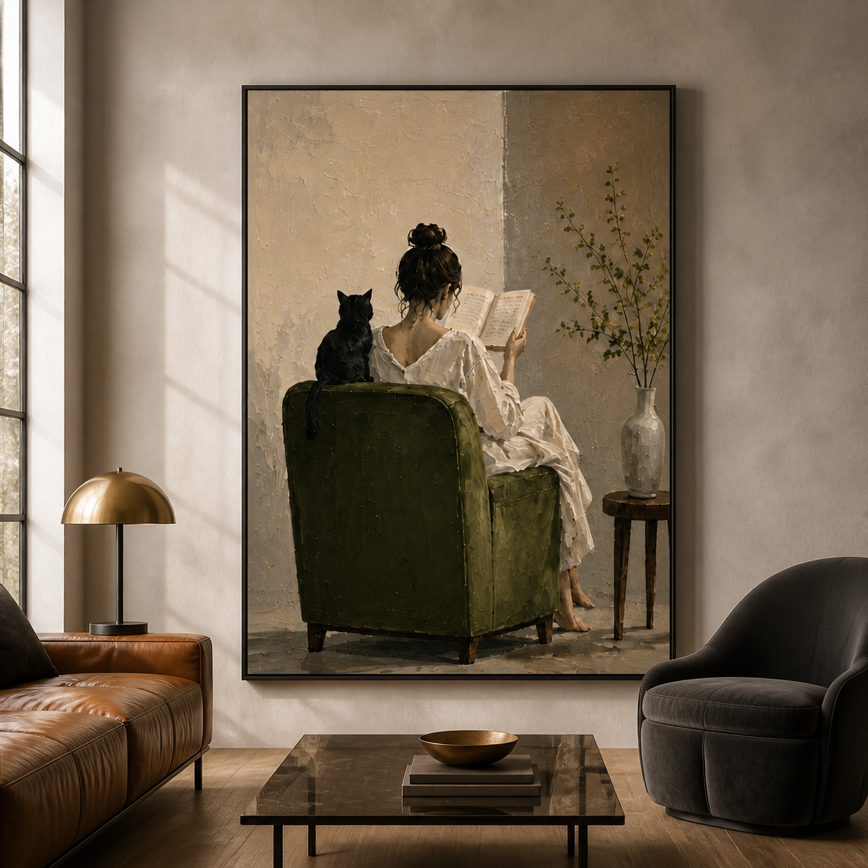 Cozy Nook - Woman Reading in Green Chair with Black Cat Canvas