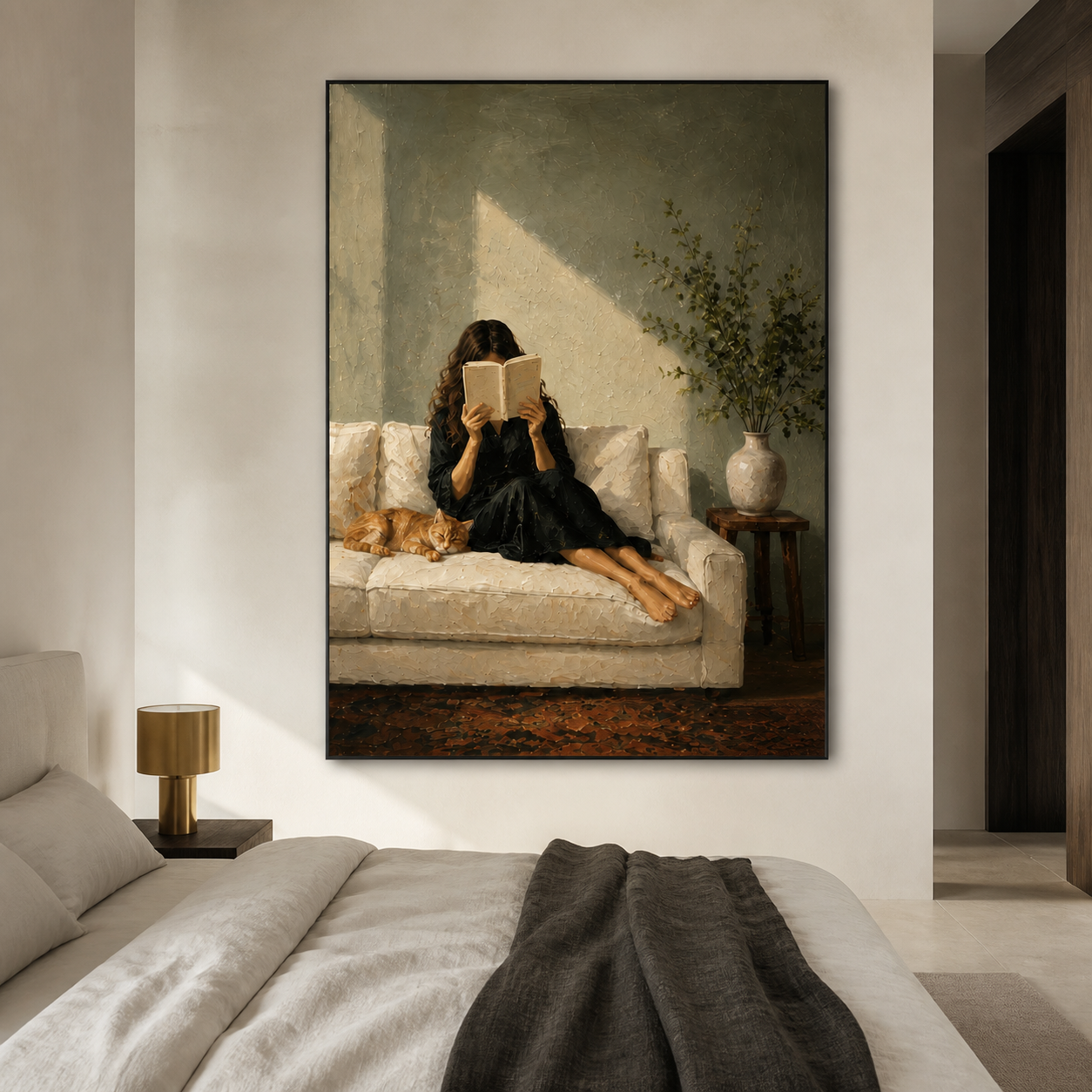 Warm Sunbeam - Woman Reading on Sofa with Sleeping Ginger Cat Canvas