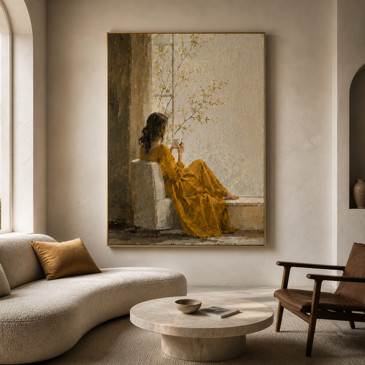 Morning Glow - Woman in Yellow Dress Drinking Tea by Window Canvas