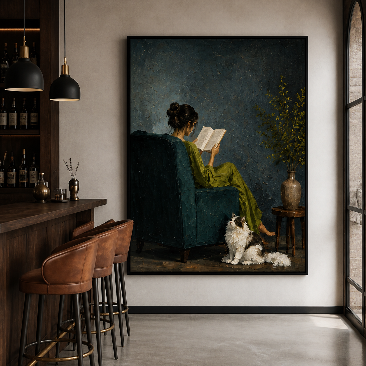 Quiet Harmony - Woman in Green Dress with Fluffy Cat Impasto Canvas