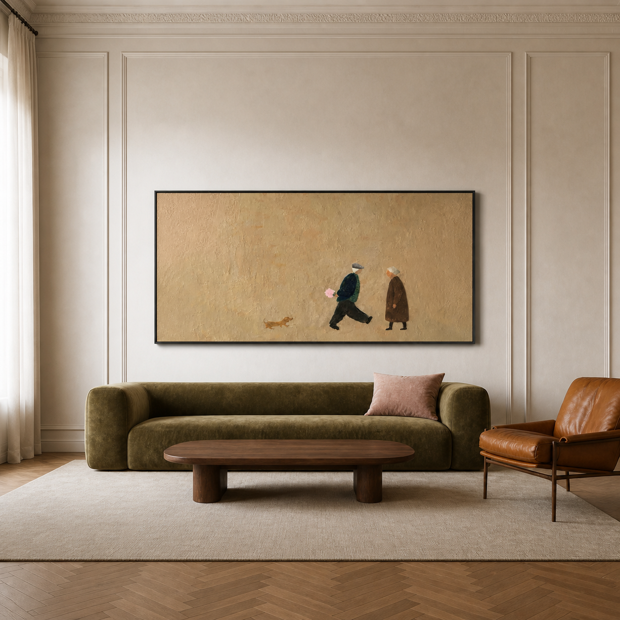 Heartfelt Journey - Minimalist Elderly Couple & Dog Impasto Canvas Wall Art