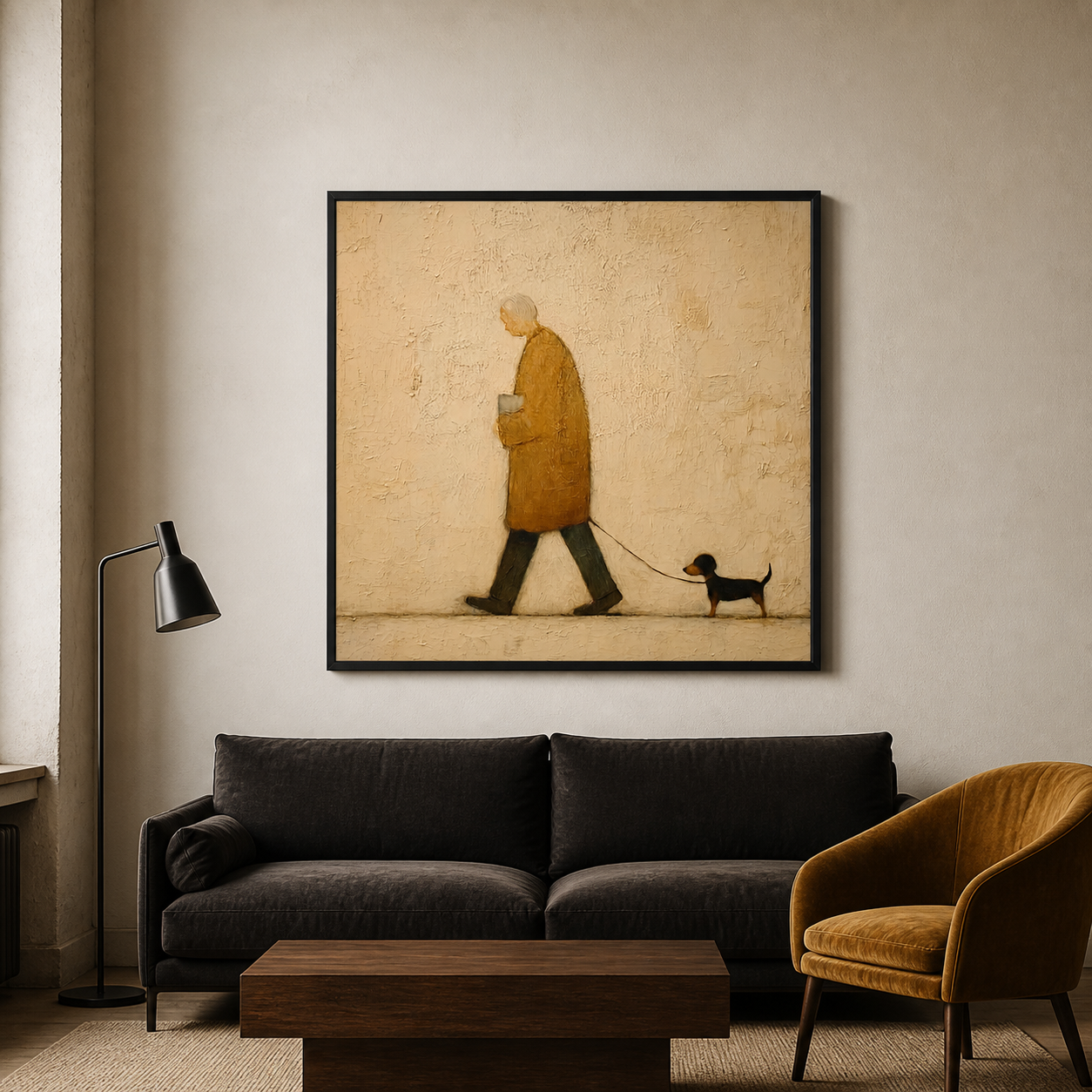 Gentle Stroll - Elderly Man Walking Dachshund Dog Impasto Canvas