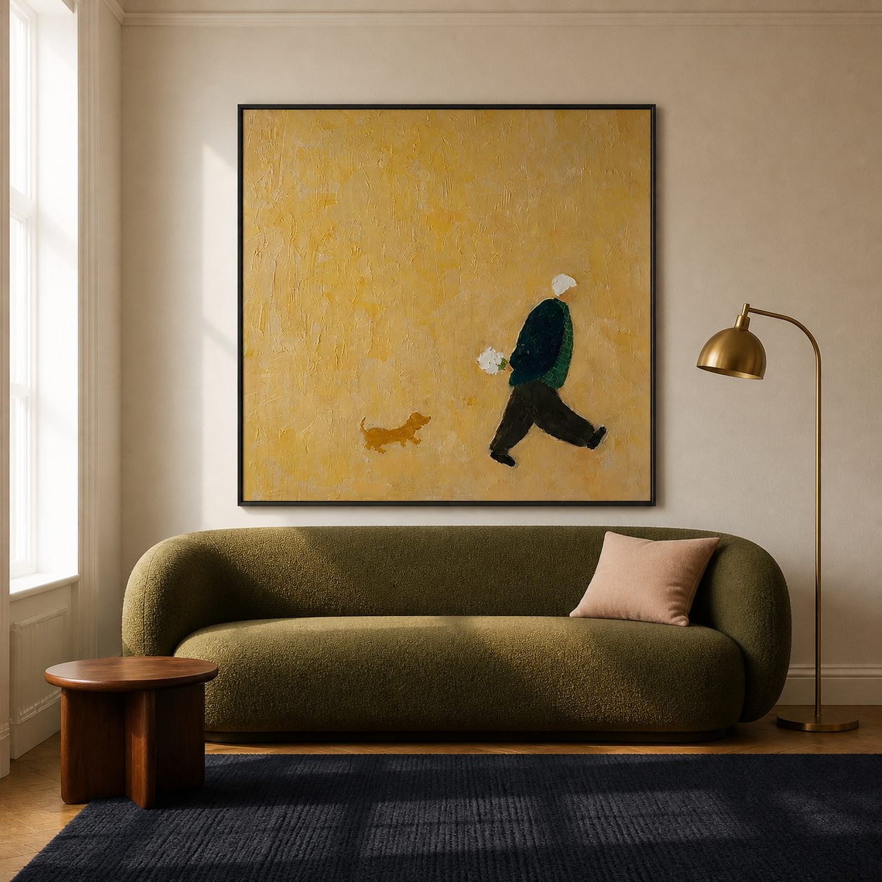 Golden Moment - Man Carrying Flowers with Dog Minimalist Canvas