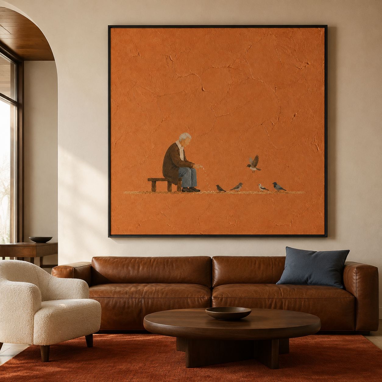 Golden Years - Old Man Feeding Birds Terracotta Impasto Canvas